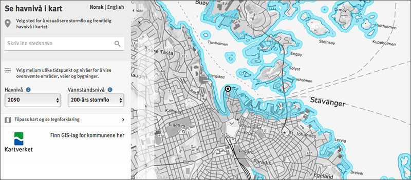 Skjermdump av tjenesten "Se havnivå i kart" fra Kartverket