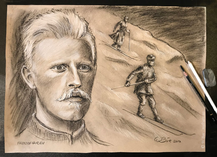 Fridtjof Nansen - Illustrasjon som forestiller Fridtjof og Eva på ski over Norefjell, nyttårsaften 1890. Kulltegning: W. Bøe