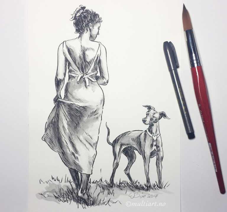 Tegning av en dame og en hund